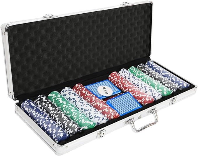 Poker Chip Set for Blackjack, Texas Holdem with Aluminum Case, 500 Plastic Casino Chips, 5 Dice, 2 Decks of Playing Card, Dealer Buttons