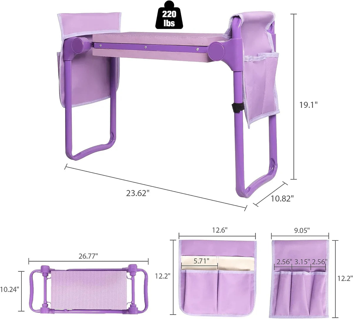 Widen Upgrade Garden Kneeler Seat Garden Stools Bench with 2 Tool Pouches, Purple