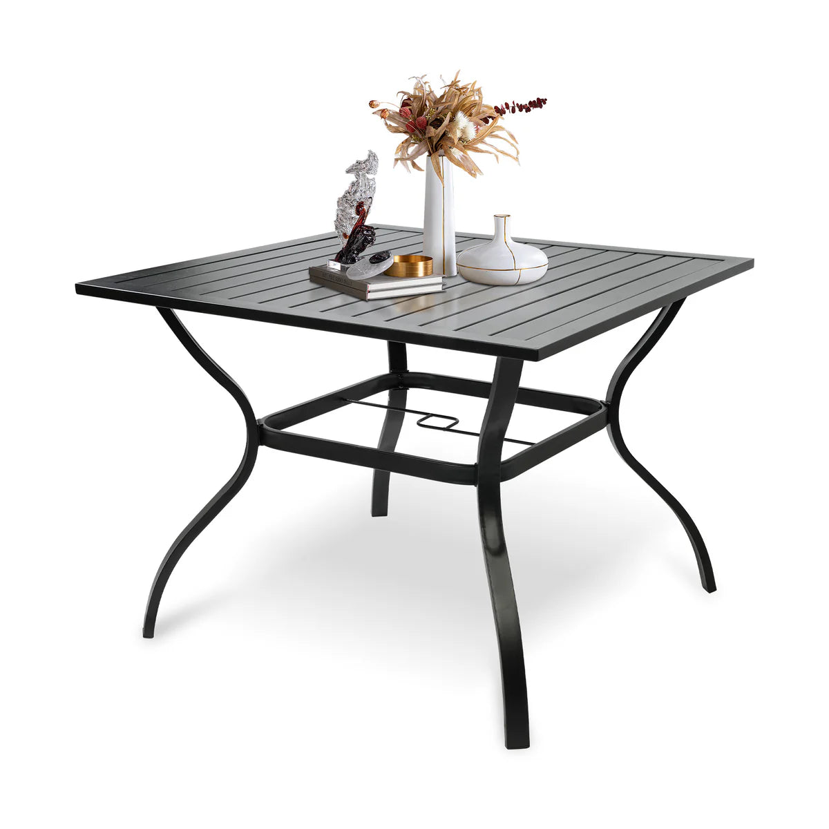 37  Square Patio Outdoor Dining Table for 4 with Umbrella Hole Metal Table, Black