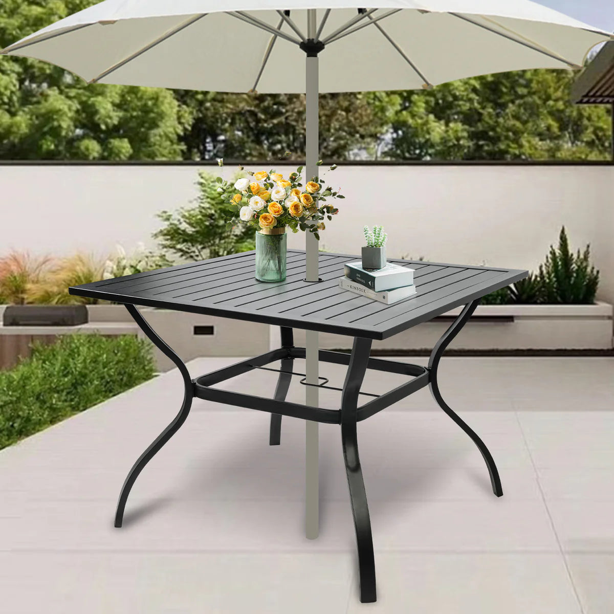 37  Square Patio Outdoor Dining Table for 4 with Umbrella Hole Metal Table, Black