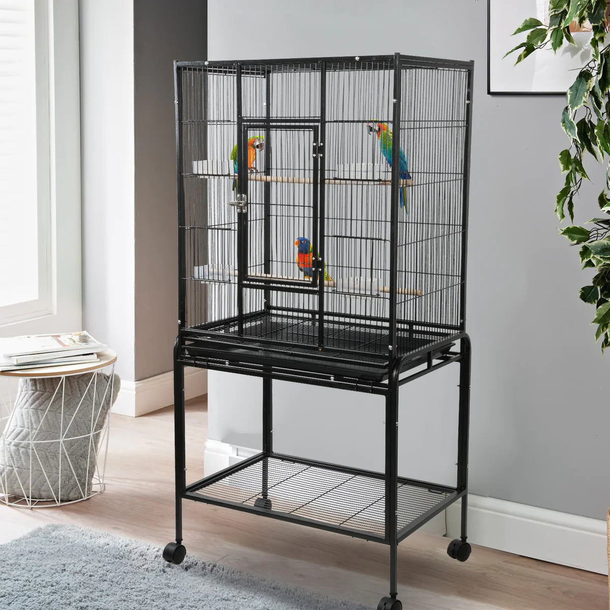 53  Big Rolling Bird Cage Parrot Flight Cage with Detachable Stand Storage Shelf and Wheels, Black
