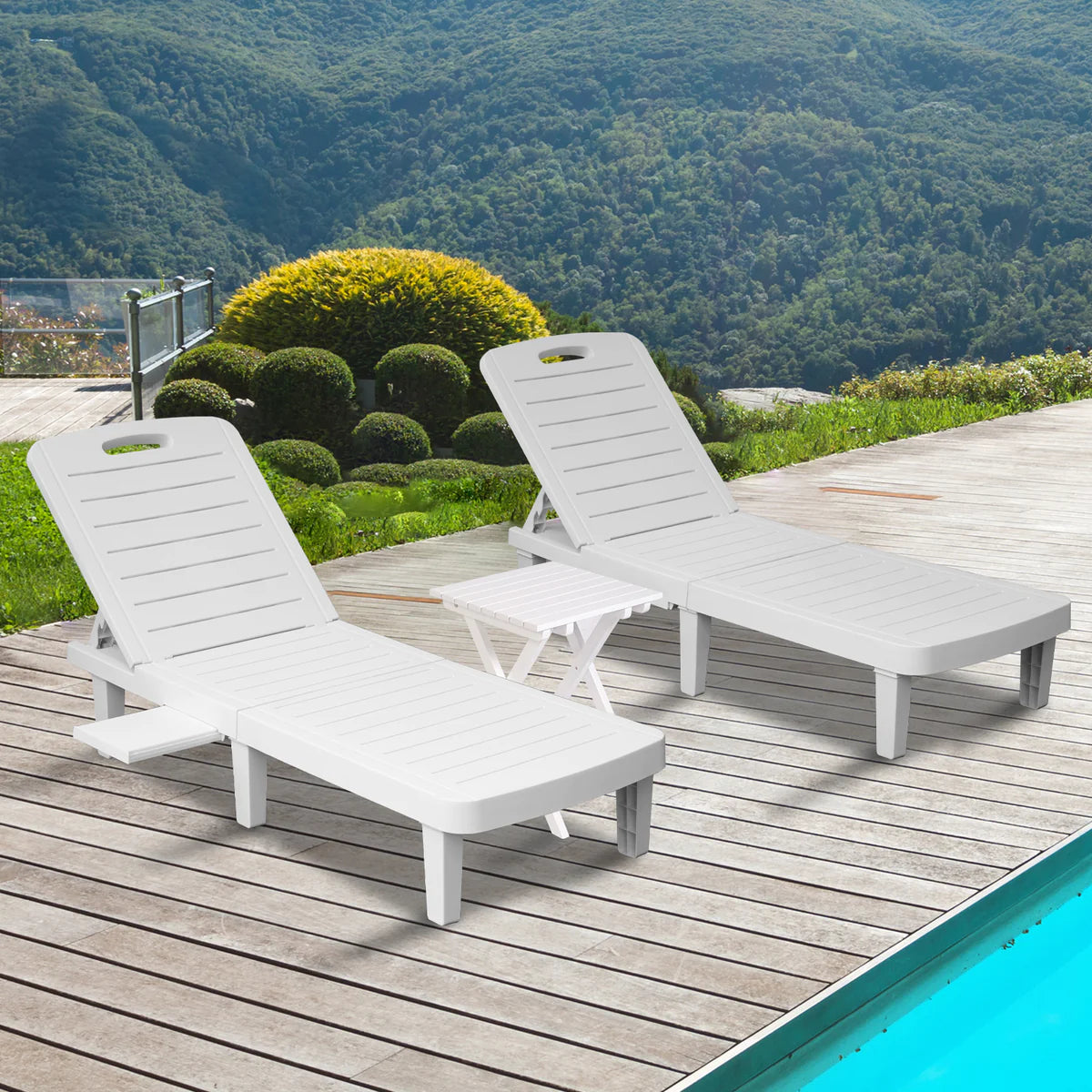 Outdoor Beach Pool Recliner with Adjustable Back with Shelving, White