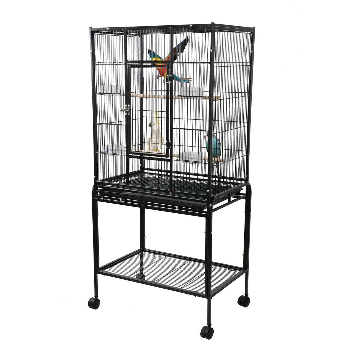53  Big Rolling Bird Cage Parrot Flight Cage with Detachable Stand Storage Shelf and Wheels, Black