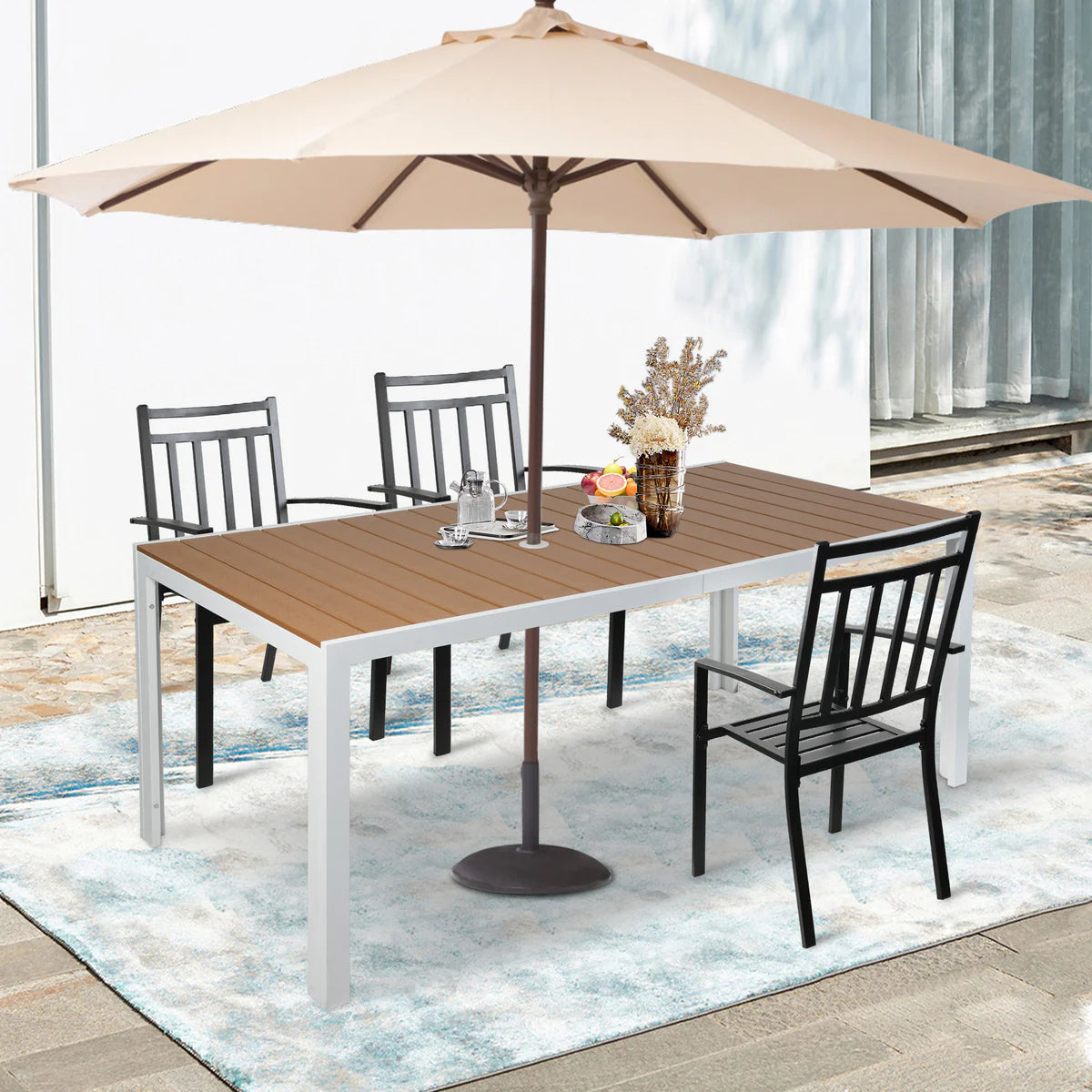 71  Outdoor Patio Dining Table for 6-8 Rectangular Table with Aluminum Frame Adjustable Umbrella Hole, Brown and White