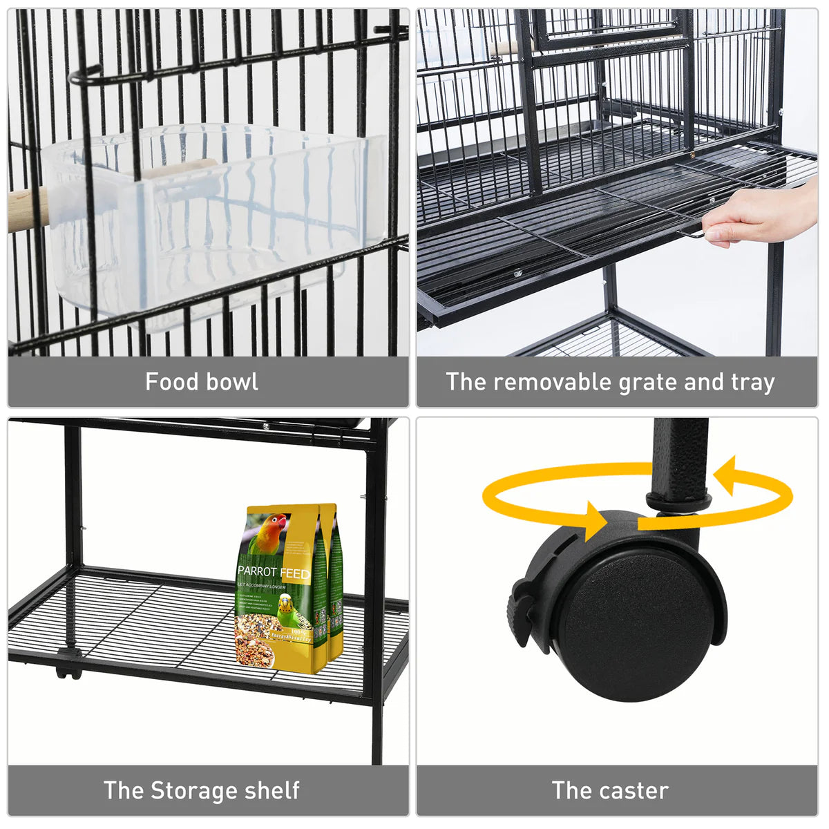 53  Big Rolling Bird Cage Parrot Flight Cage with Detachable Stand Storage Shelf and Wheels, Black
