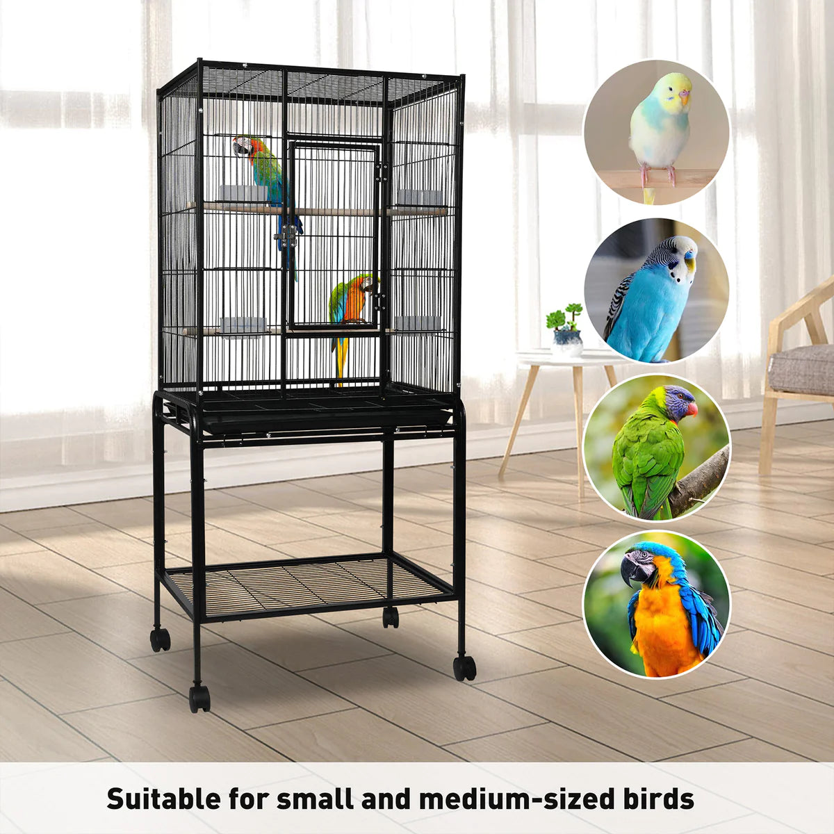 53  Big Rolling Bird Cage Parrot Flight Cage with Detachable Stand Storage Shelf and Wheels, Black