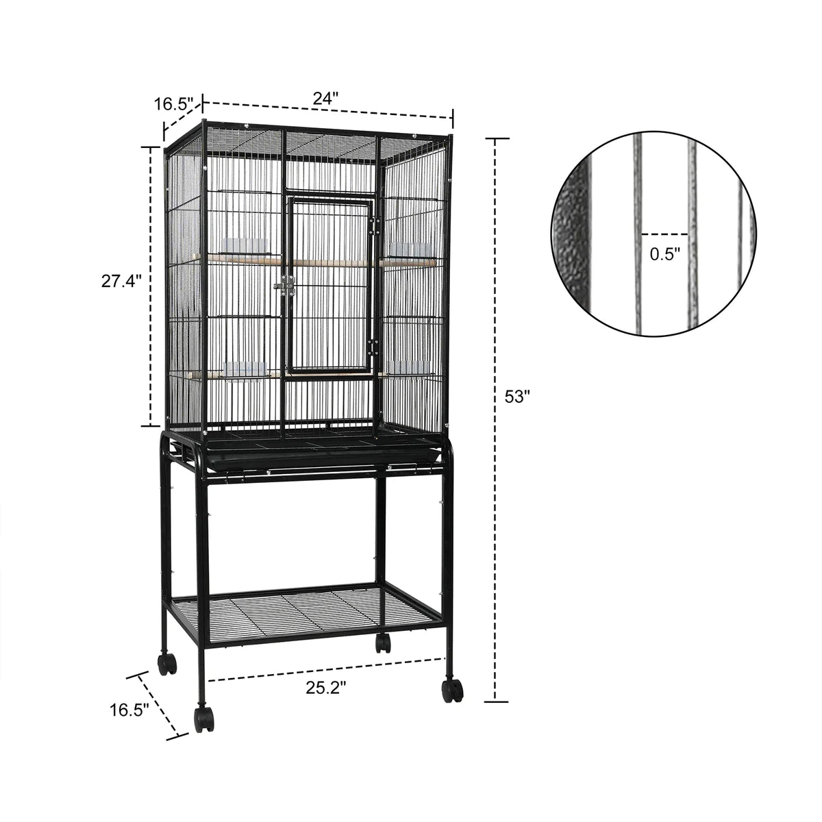 53  Big Rolling Bird Cage Parrot Flight Cage with Detachable Stand Storage Shelf and Wheels, Black