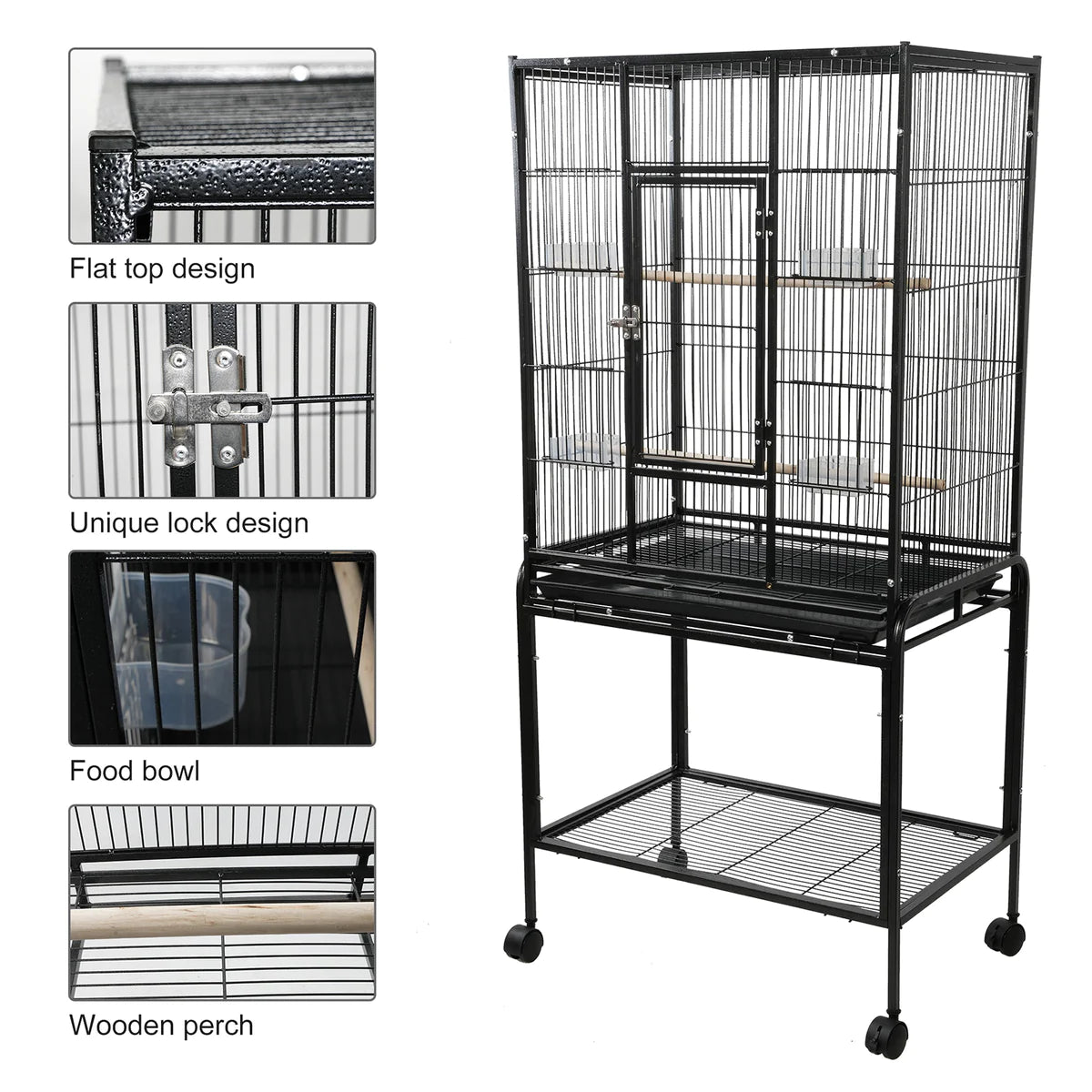 53  Big Rolling Bird Cage Parrot Flight Cage with Detachable Stand Storage Shelf and Wheels, Black
