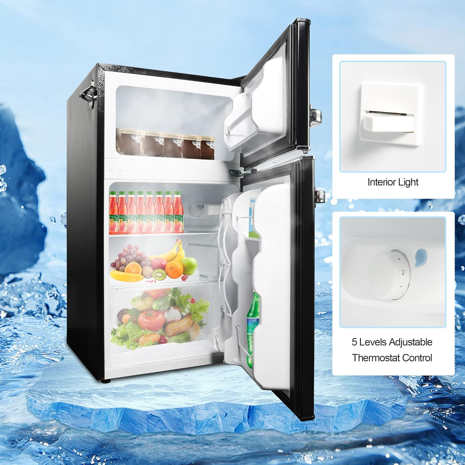 Black Double Door Refrigerator, 3.2 Cu. Ft. Small Refrigerator, Adjustable Thermostat Control