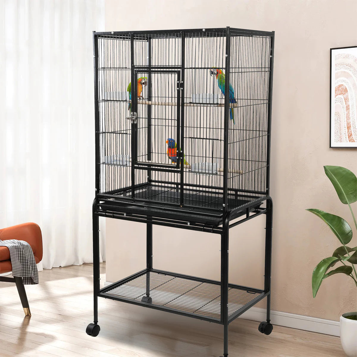 53  Big Rolling Bird Cage Parrot Flight Cage with Detachable Stand Storage Shelf and Wheels, Black