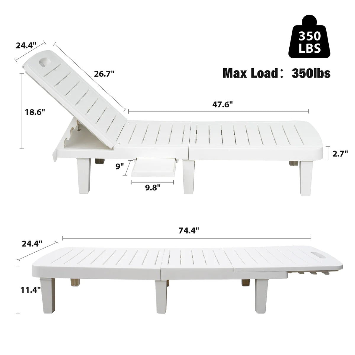 Outdoor Beach Pool Recliner with Adjustable Back with Shelving, White