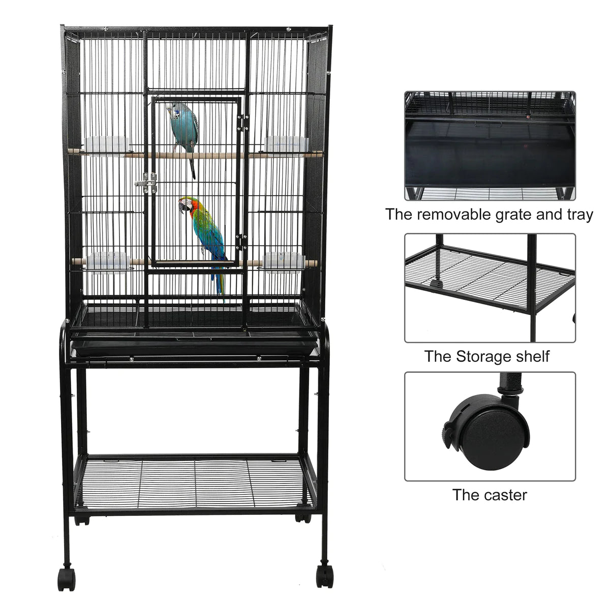 53  Big Rolling Bird Cage Parrot Flight Cage with Detachable Stand Storage Shelf and Wheels, Black