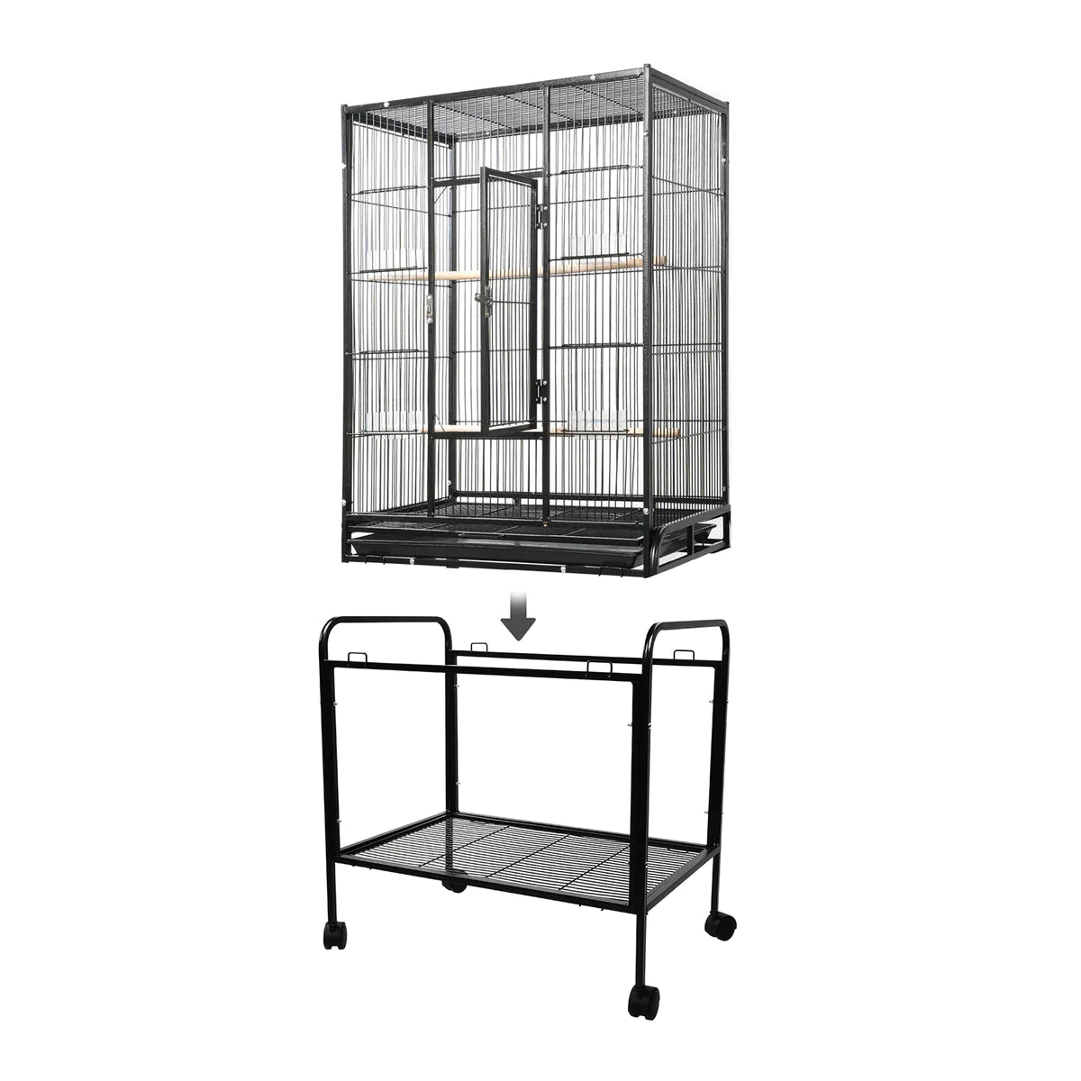 53  Big Rolling Bird Cage Parrot Flight Cage with Detachable Stand Storage Shelf and Wheels, Black