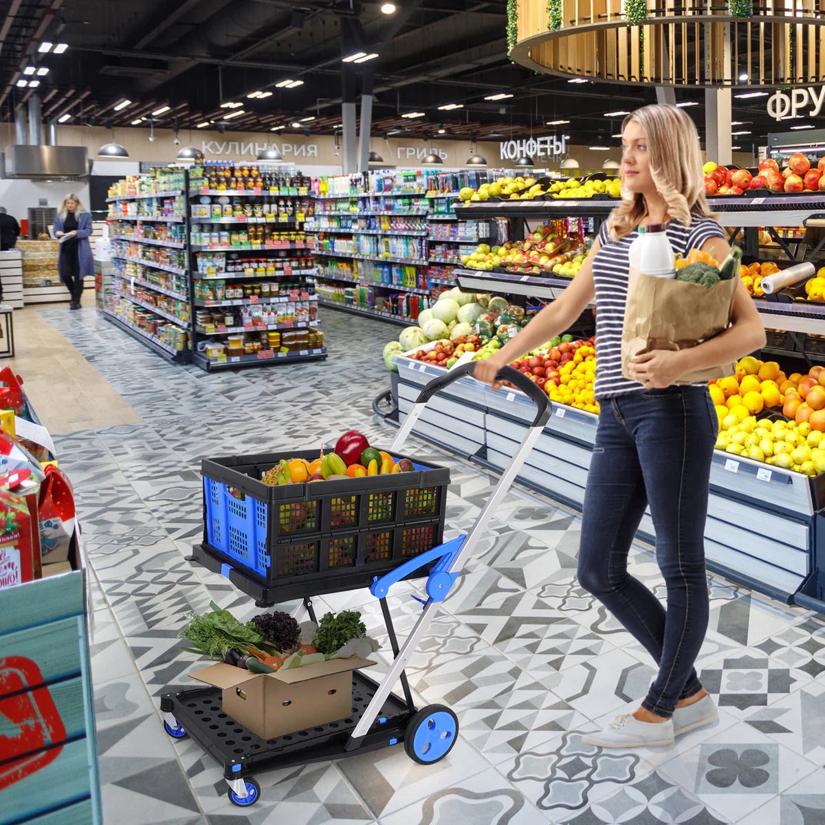 Double deck Multi-Functional Collapsible Carts Foldable Trolley with Storage Crate Rolling Swivel Wheels