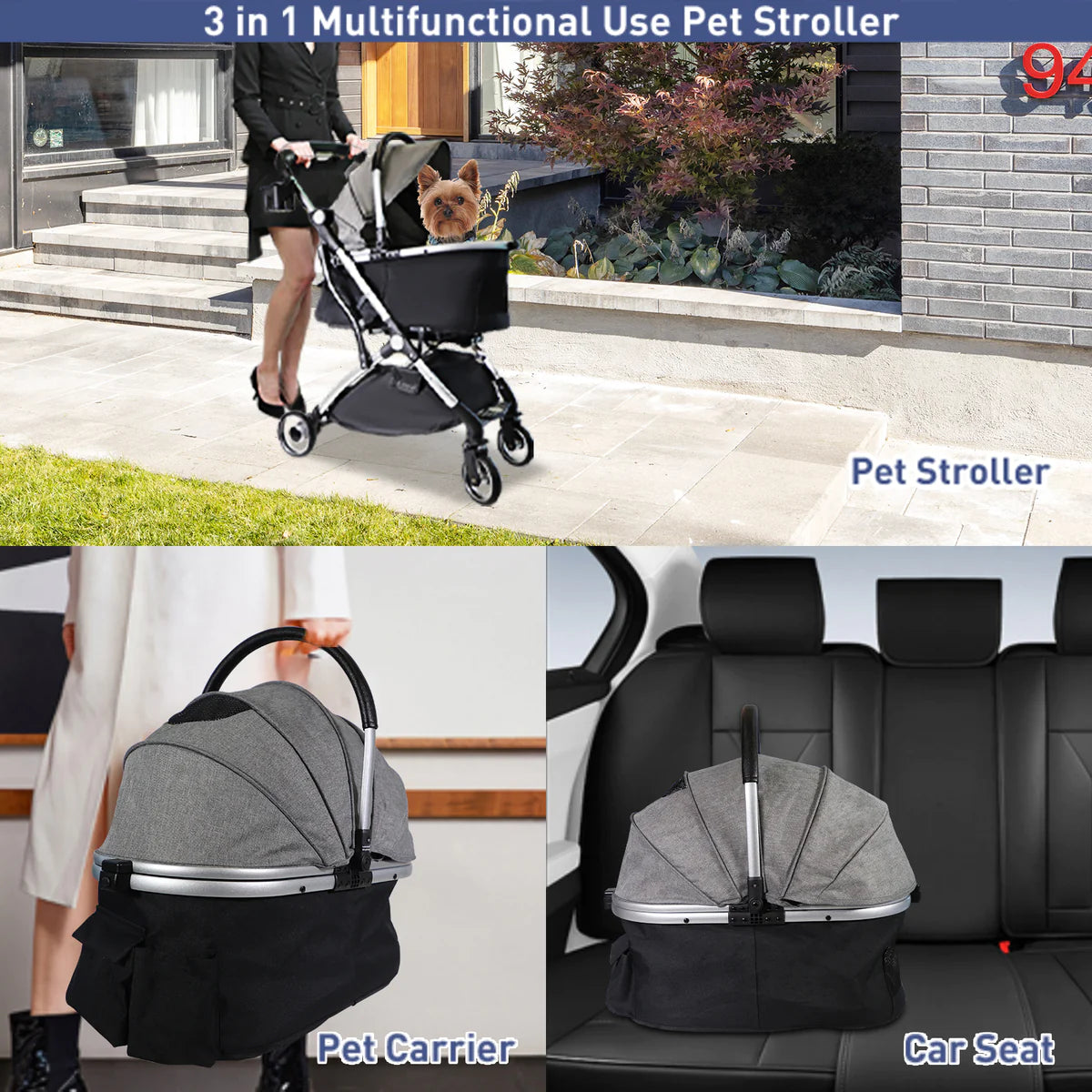 Pet Stroller for Small Dogs Cats, Stroller with Detachable Carrier, Telescopic Handle, One-Hand Quick Fold