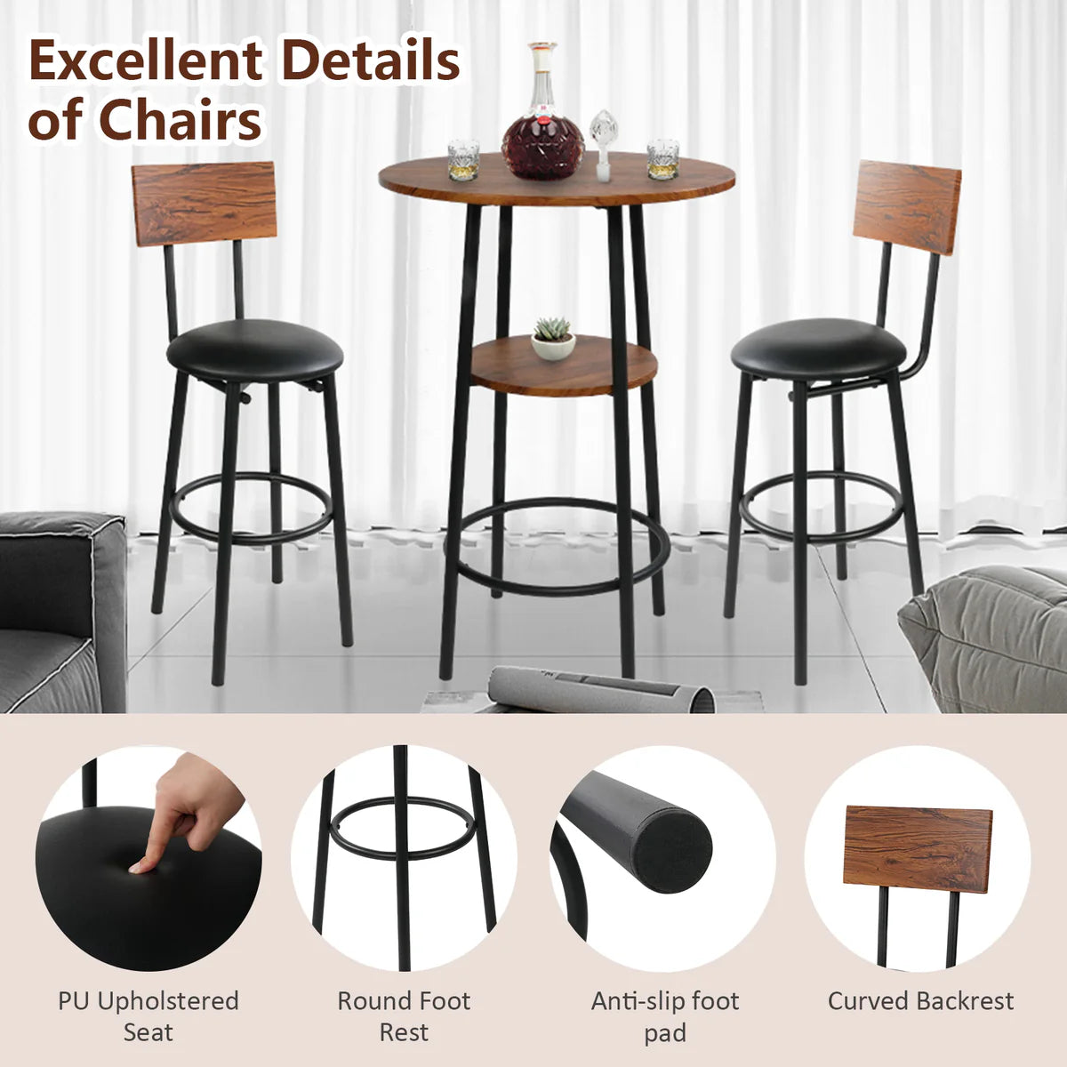 Round Bar Table Set, 2-Tier Table 23.6  for 2 with 2 Upholstered Bar Stools with Backrest
