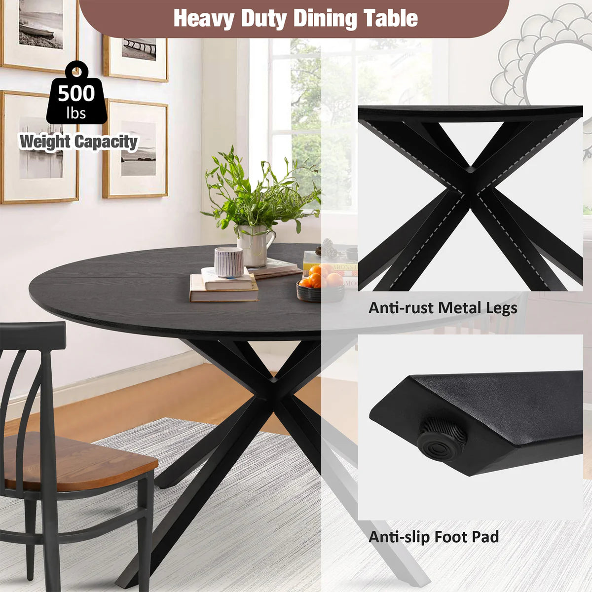 53  Round Mid-Century Modern Wooden Kitchen Dining Table for 4-6 with Solid Metal Leg, Black Wood Grain