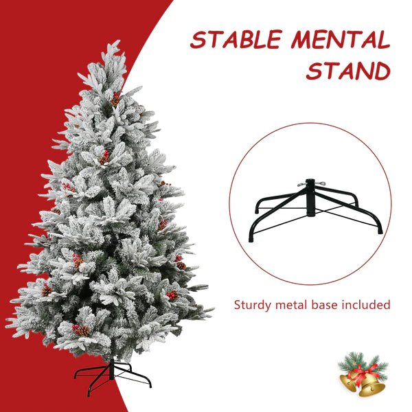 6.9' Artificial Christmas Tree with 1150 Branch Tips, Pine Cones and Red Berries, Snow Flocked, Green | karmasfar.com