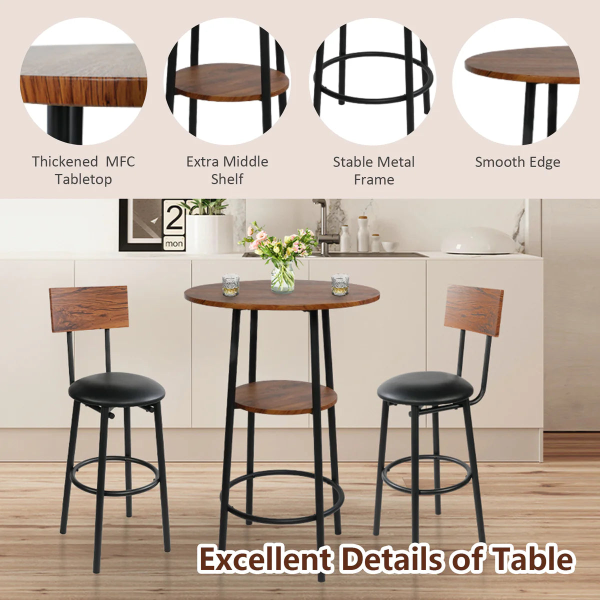 Round Bar Table Set, 2-Tier Table 23.6  for 2 with 2 Upholstered Bar Stools with Backrest