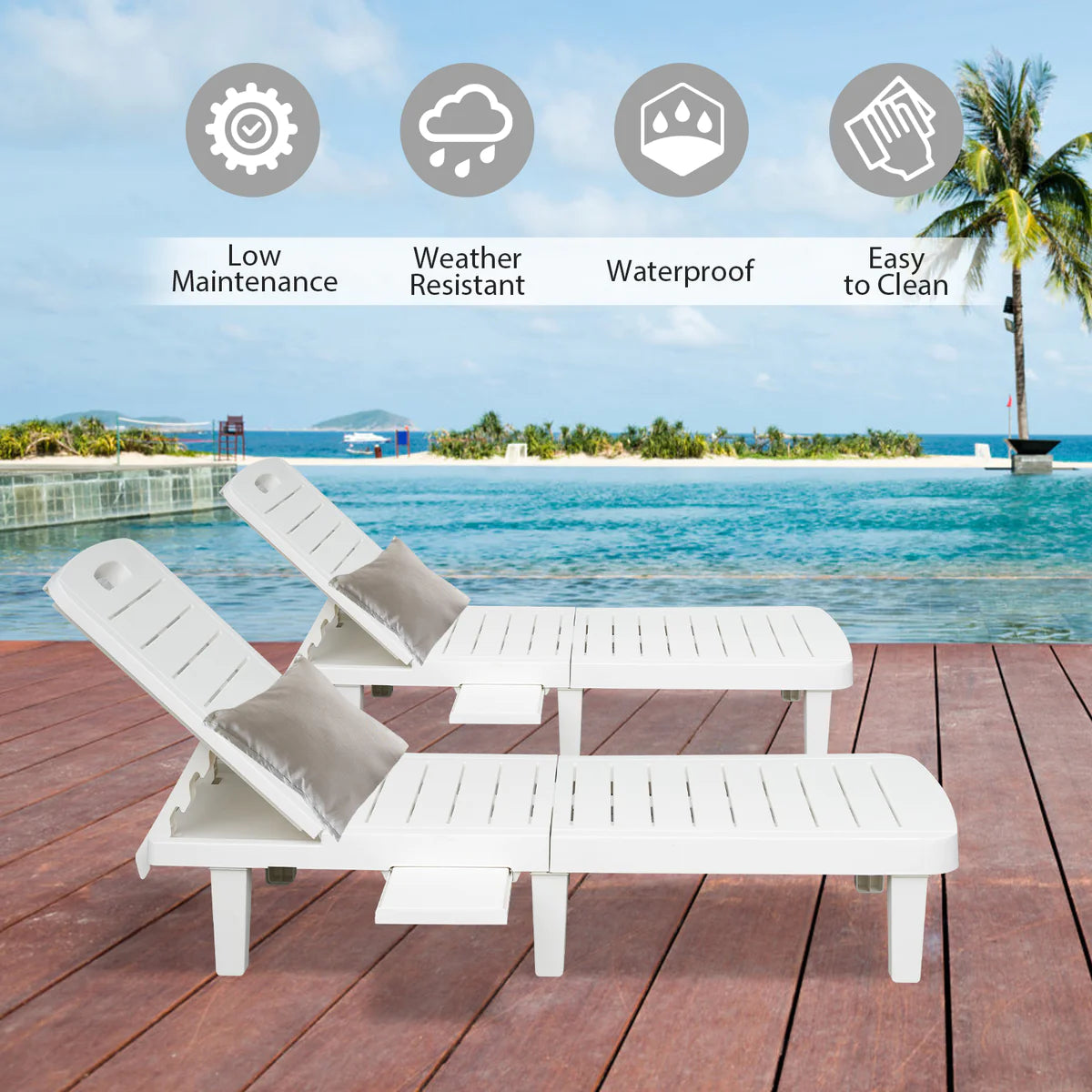 Outdoor Beach Pool Recliner with Adjustable Back with Shelving, White