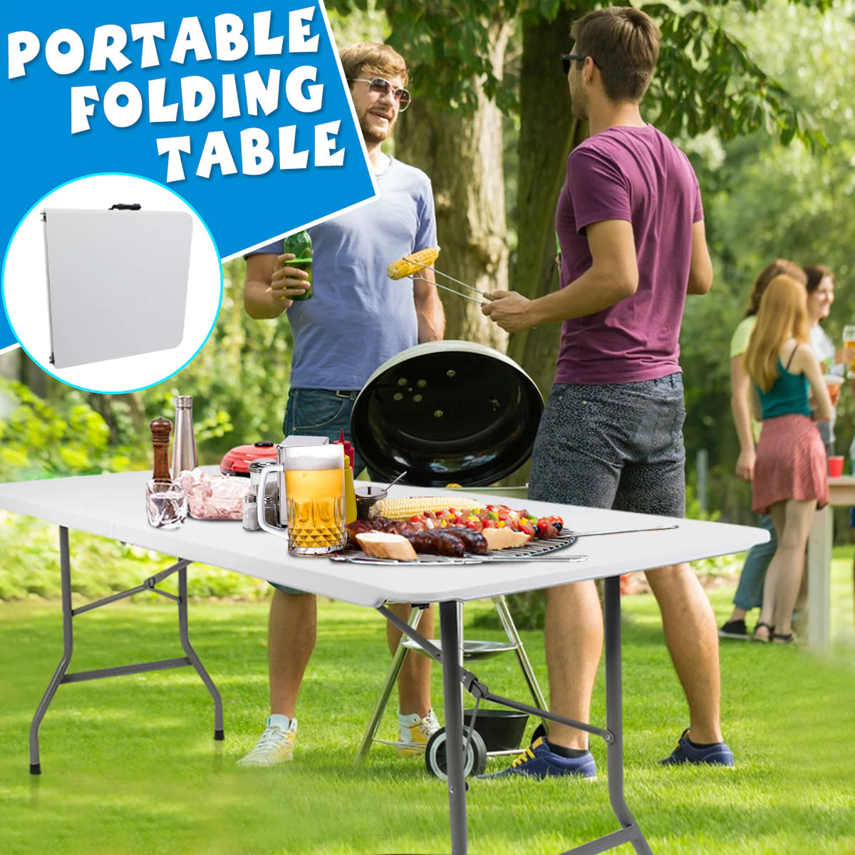 Plastic Tabletop Folding Portable Outdoor Picnic Table, Rectangle, White