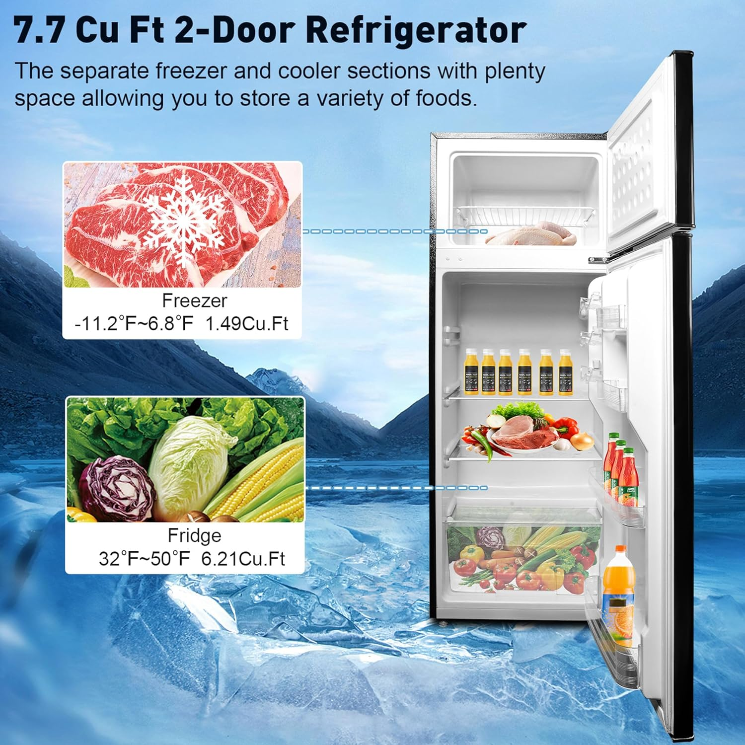 7.7 Cu Ft Mini Fridge with Freezer, Double Door Apartment Size Refrigerator