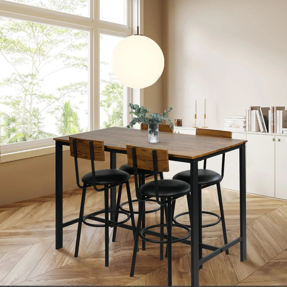 5 Piece Dining Bar Table Set, 1 Bar Table 47.3  for 4 with 4 Upholstered Bar Stools