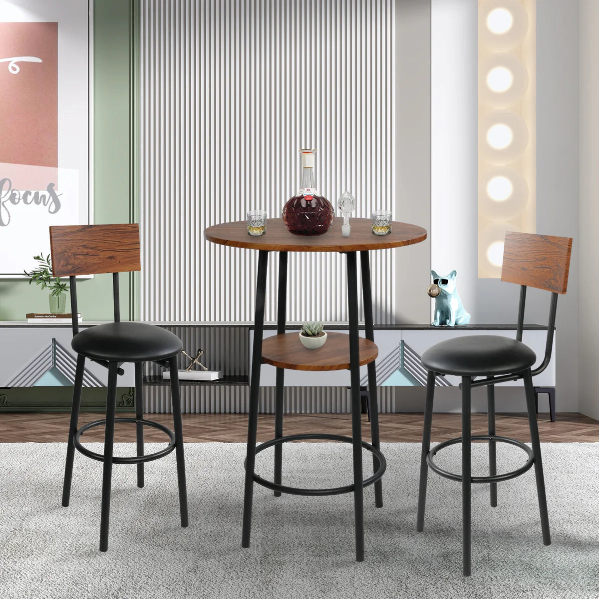 Round Bar Table Set, 2-Tier Table 23.6  for 2 with 2 Upholstered Bar Stools with Backrest