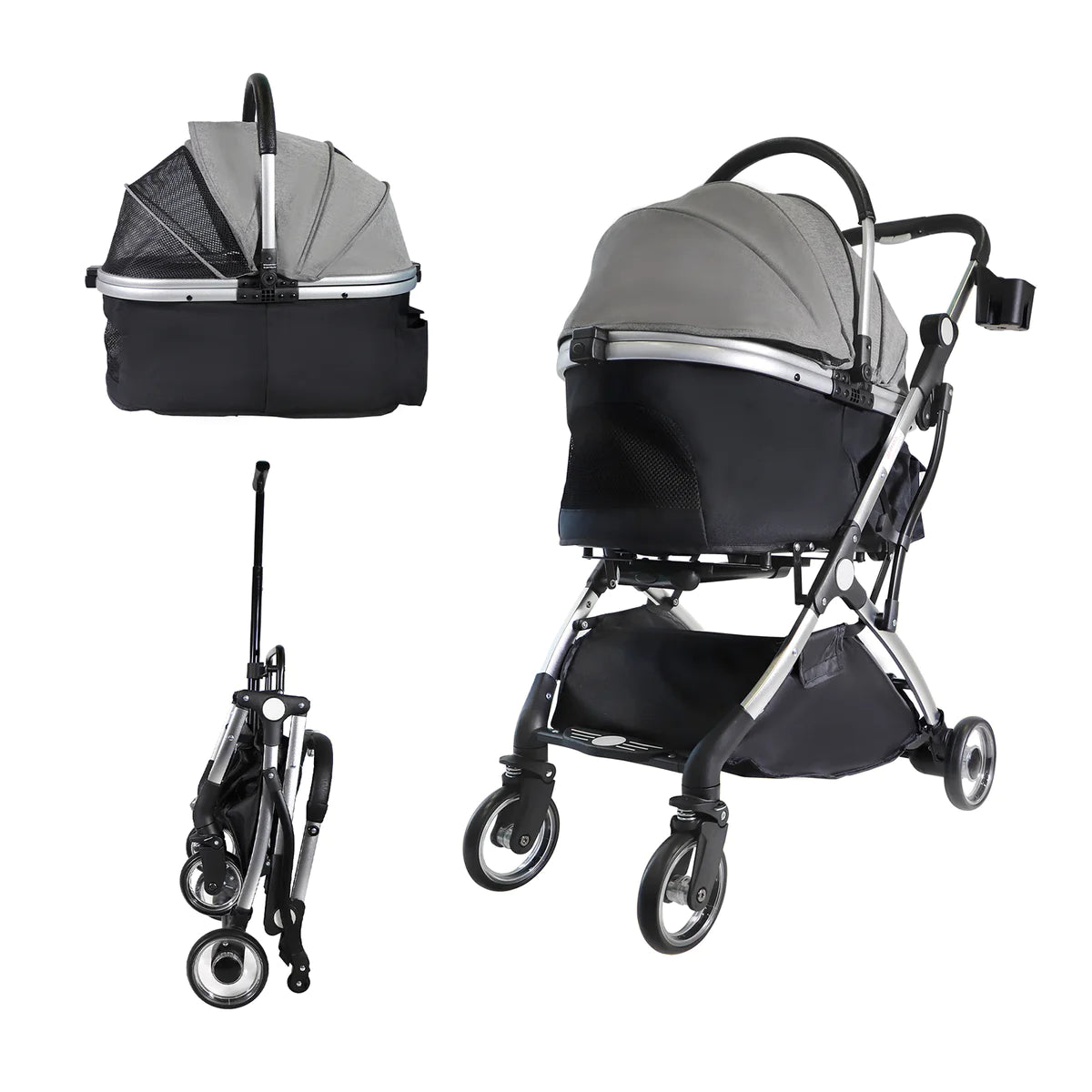 Pet Stroller for Small Dogs Cats, Stroller with Detachable Carrier, Telescopic Handle, One-Hand Quick Fold