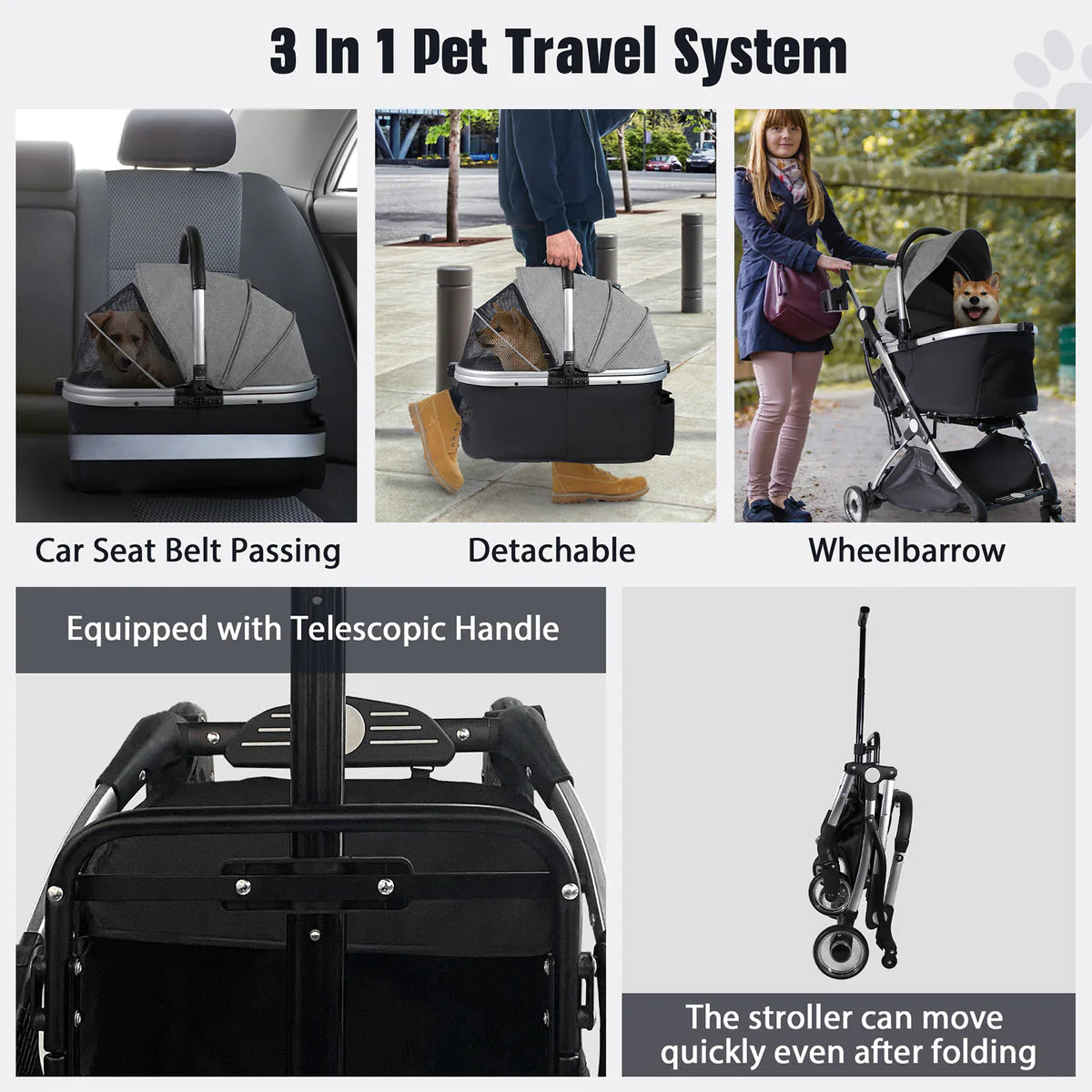 Pet Stroller for Small Dogs Cats, Stroller with Detachable Carrier, Telescopic Handle, One-Hand Quick Fold