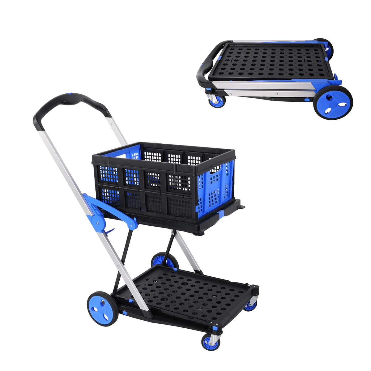 Double deck Multi-Functional Collapsible Carts Foldable Trolley with Storage Crate Rolling Swivel Wheels