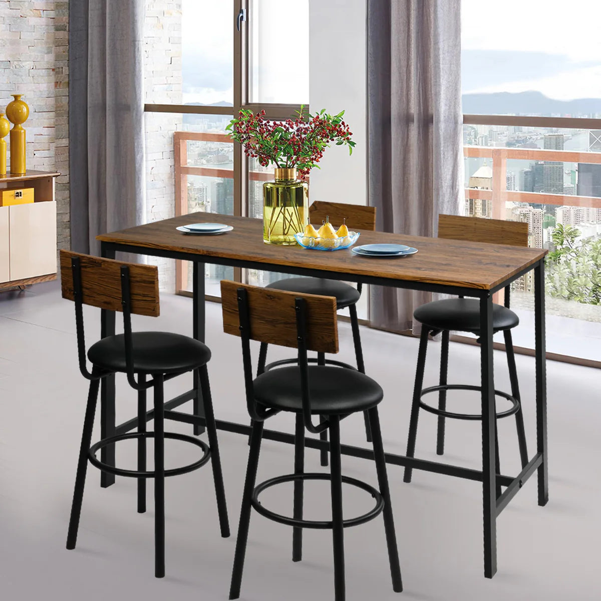 5 Piece Dining Bar Table Set, 1 Bar Table 47.3  for 4 with 4 Upholstered Bar Stools
