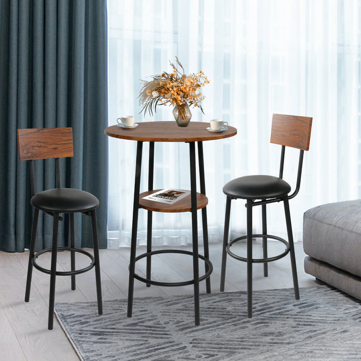 Round Bar Table Set, 2-Tier Table 23.6  for 2 with 2 Upholstered Bar Stools with Backrest