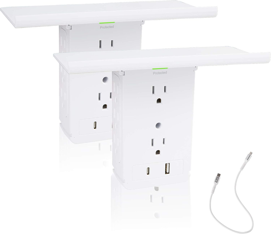 Socket Shelf Outlet 2 Pack Surge Protector Extender Wall plug with USB A+C Ports(3.4A Total), 8 AC Outlets