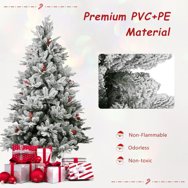 6.9' Artificial Christmas Tree with 1150 Branch Tips, Pine Cones and Red Berries, Snow Flocked, Green | karmasfar.com