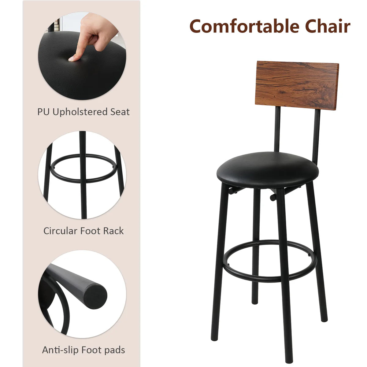 Round Bar Table Set, 2-Tier Table 23.6  for 2 with 2 Upholstered Bar Stools with Backrest