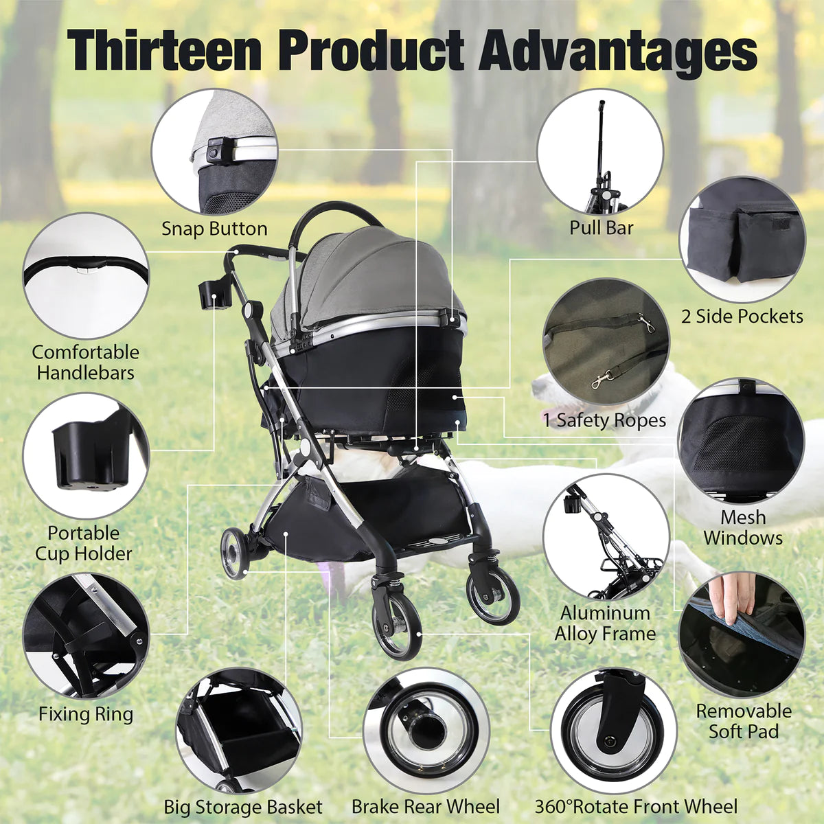 Pet Stroller for Small Dogs Cats, Stroller with Detachable Carrier, Telescopic Handle, One-Hand Quick Fold