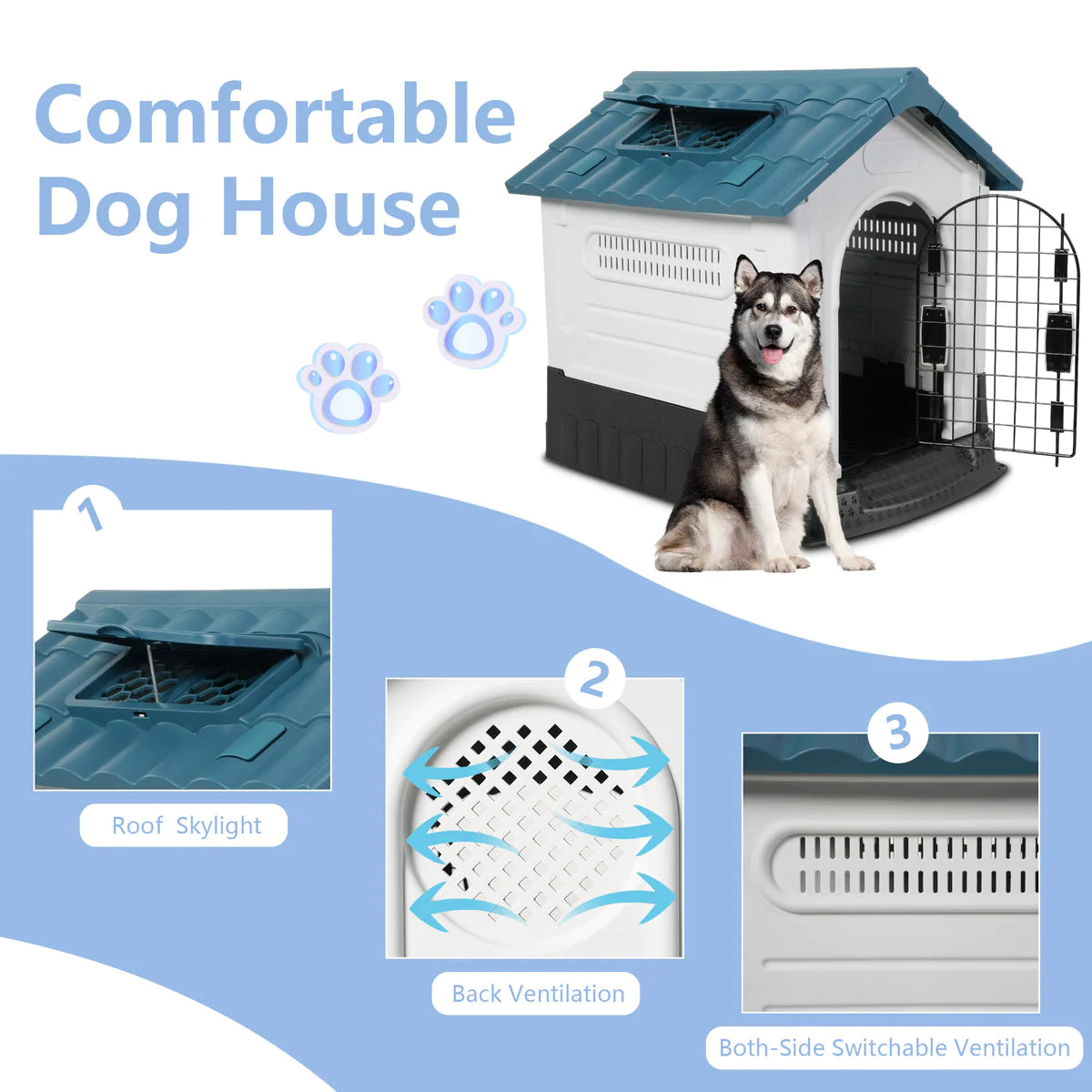 Outdoor Dog Houses Multiple Size Plastic Kennel with Mesh Iron Door and Air Vents
