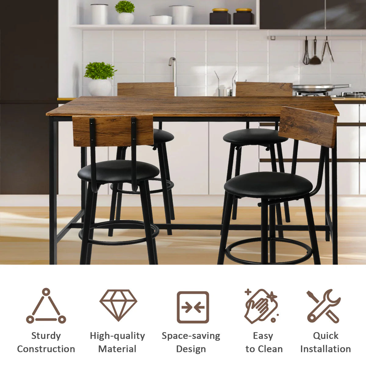 5 Piece Dining Bar Table Set, 1 Bar Table 47.3  for 4 with 4 Upholstered Bar Stools