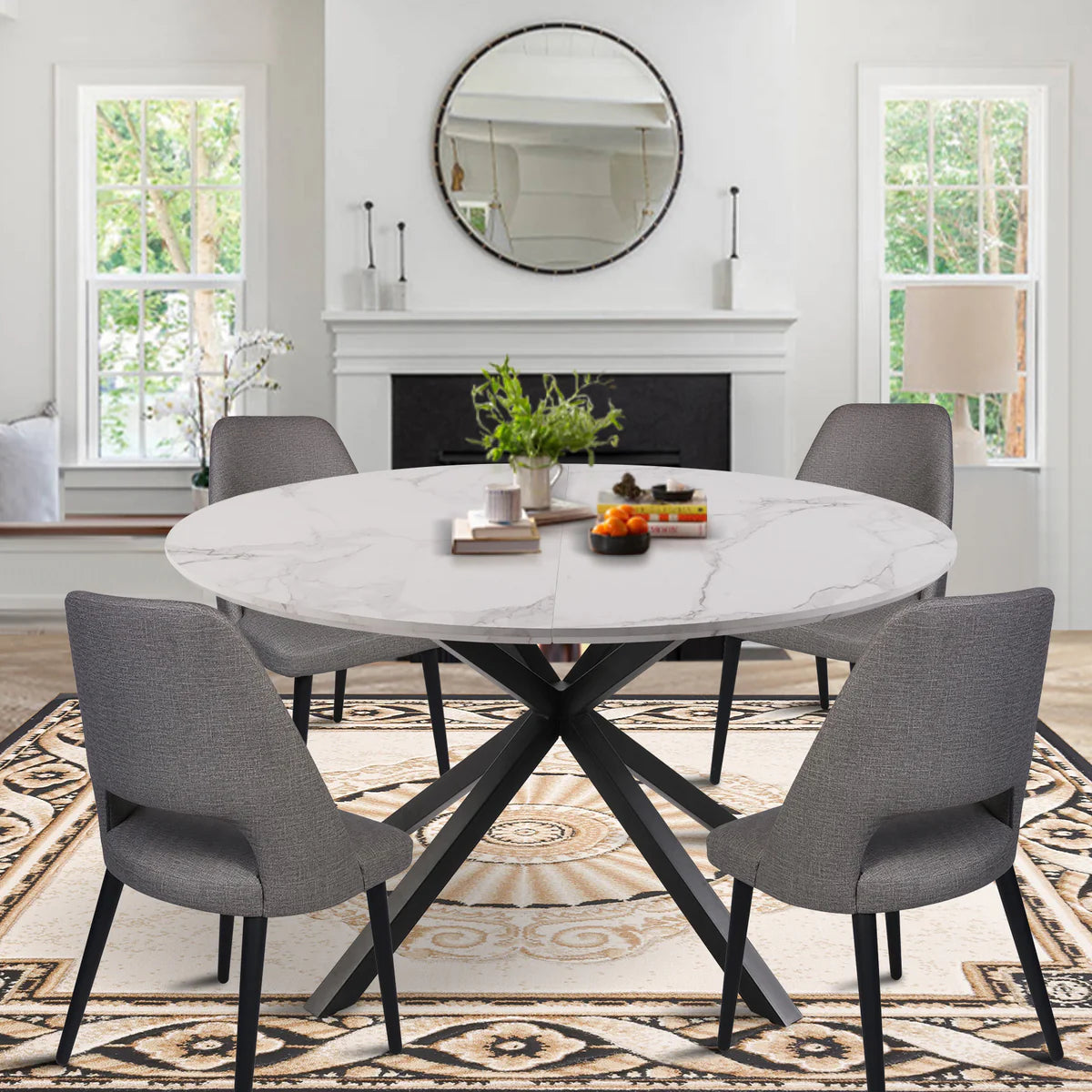 53  Round Mid-Century Modern Wooden Kitchen Dining Table for 4-6 with Solid Metal Leg, Marble Texture