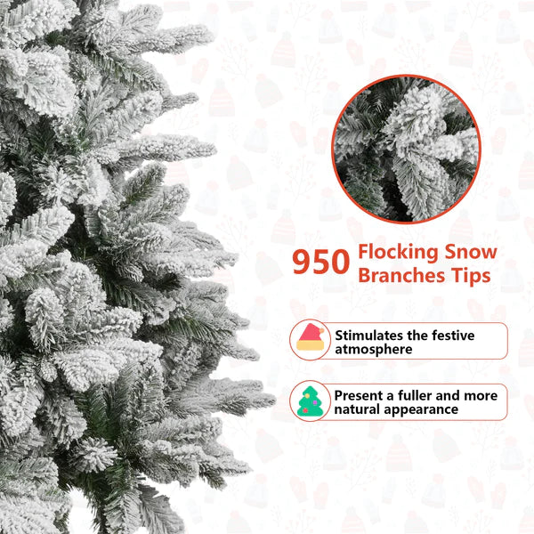 6.9’ Artificial Christmas with 950 Branch Tips, Snow Flocked, Green