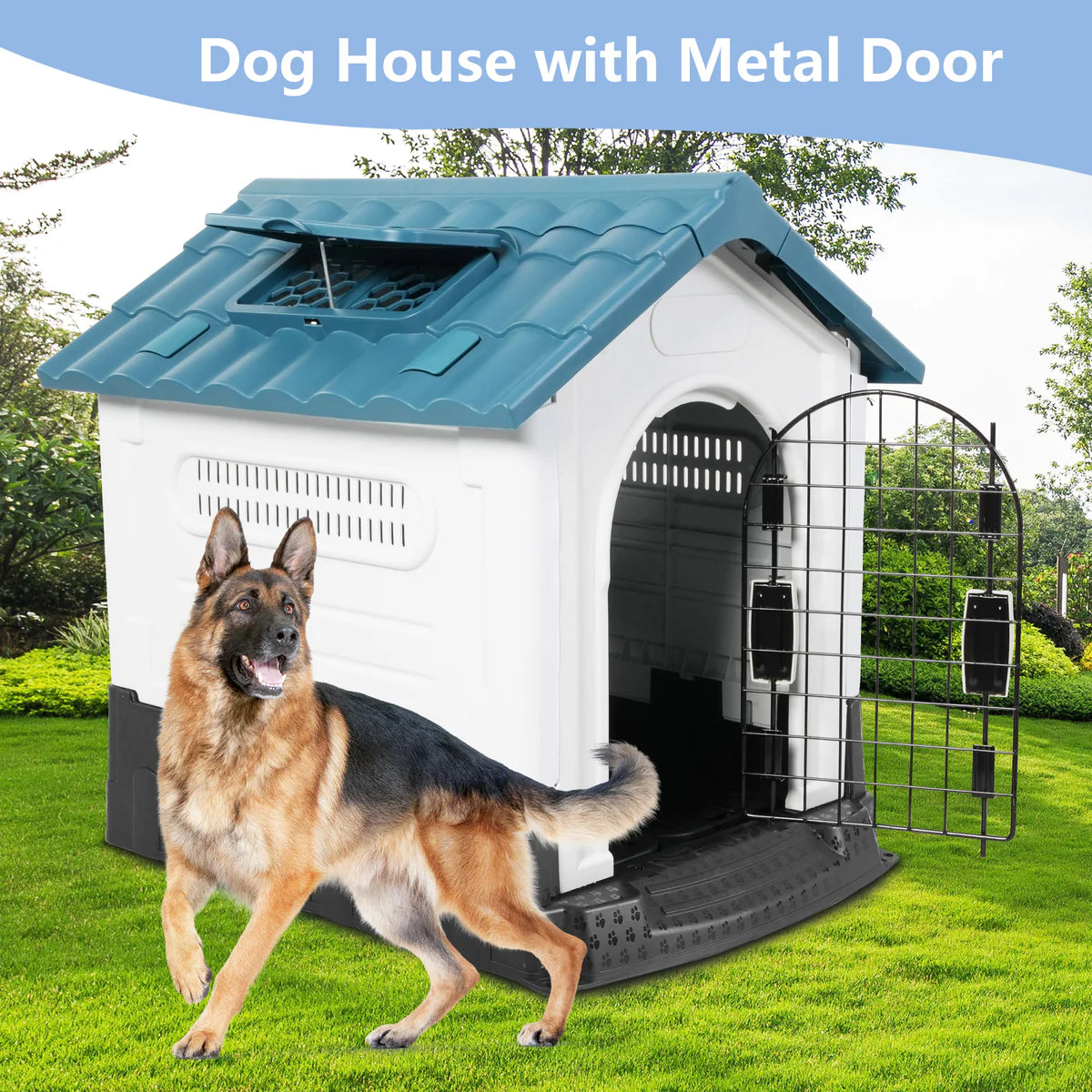 Outdoor Dog Houses Multiple Size Plastic Kennel with Mesh Iron Door and Air Vents