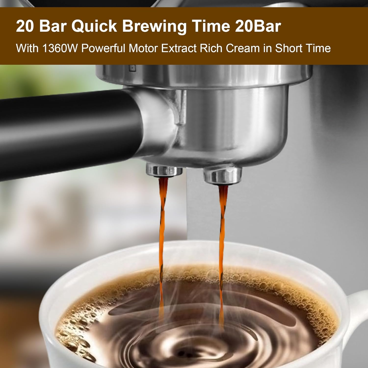 Manual Coffee Maker with Milk Frother Steam Wand, Compact Espresso Coffee Machine，Stainless Steel, 1250W