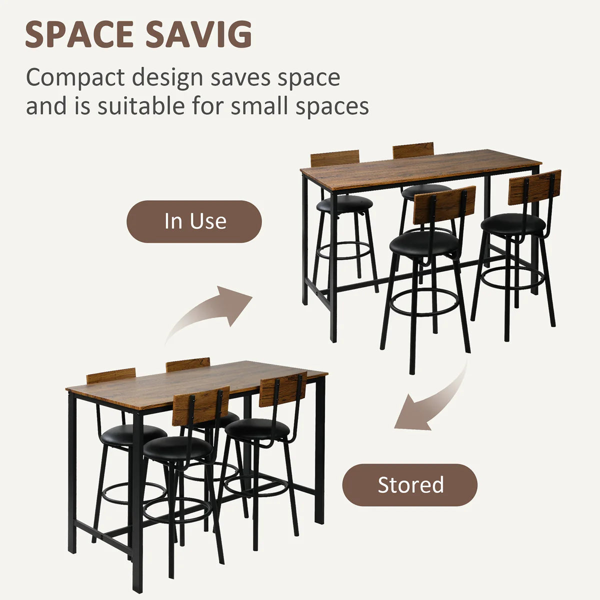 5 Piece Dining Bar Table Set, 1 Bar Table 47.3  for 4 with 4 Upholstered Bar Stools