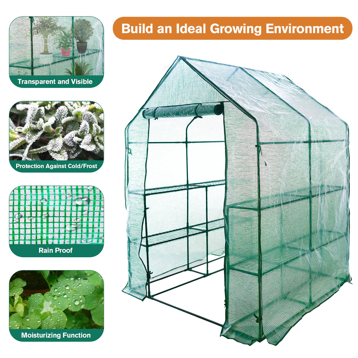8 Shelves Walk-in Greenhouse Metal Shelf with Cover Pot Available