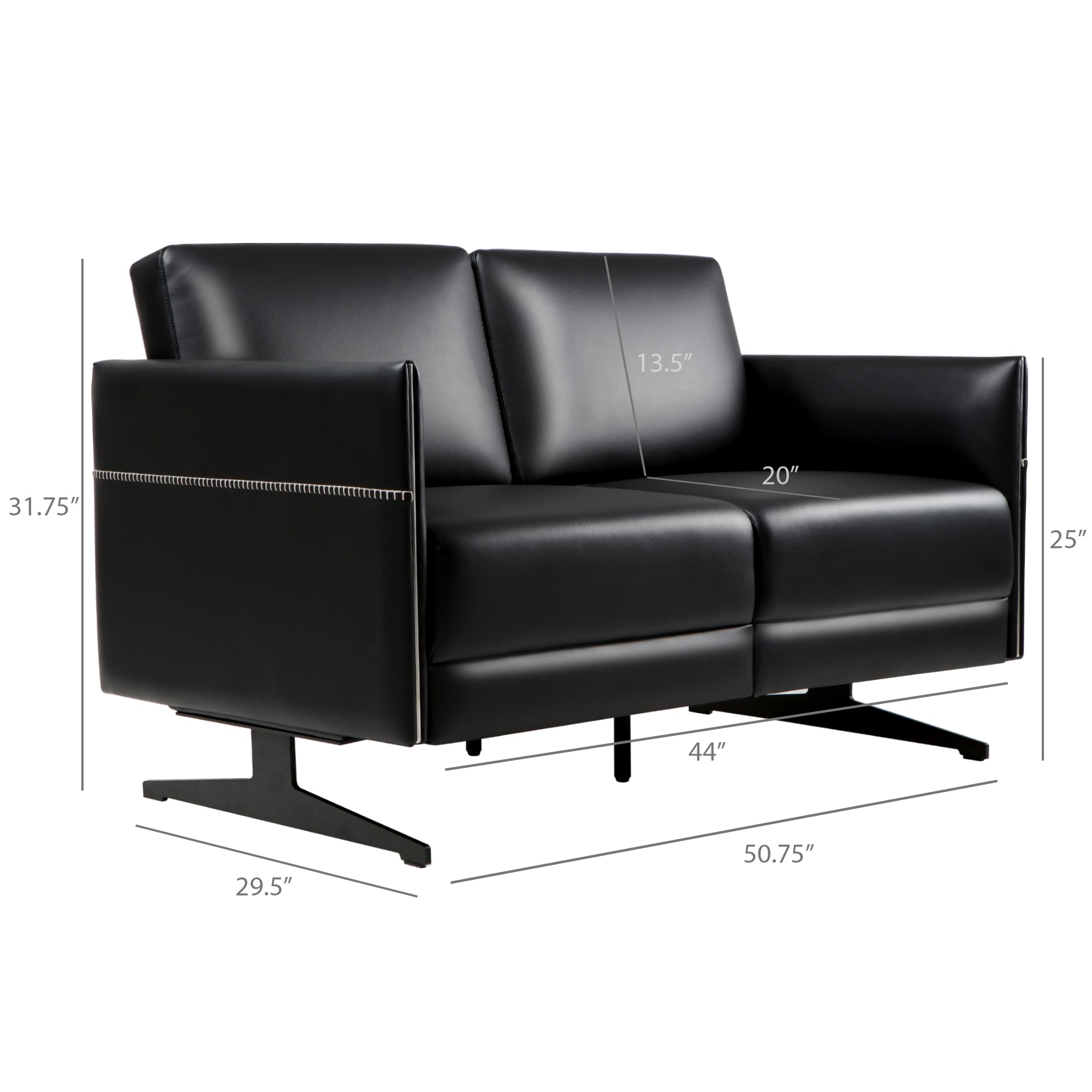 Modern Faux Leather Loveseat Sofa Couch with Metal Base, Multi-Layered Sponge with Mattress Level Spring on Seat Support, Pillowed Back Cushions and Arms, 51  W, Easy Assembly, Black