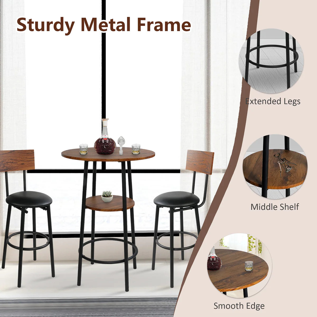 Round Bar Table Set, 2-Tier Table 23.6  for 2 with 2 Upholstered Bar Stools with Backrest