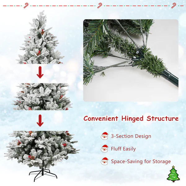 6.9' Artificial Christmas Tree with 1150 Branch Tips, Pine Cones and Red Berries, Snow Flocked, Green | karmasfar.com