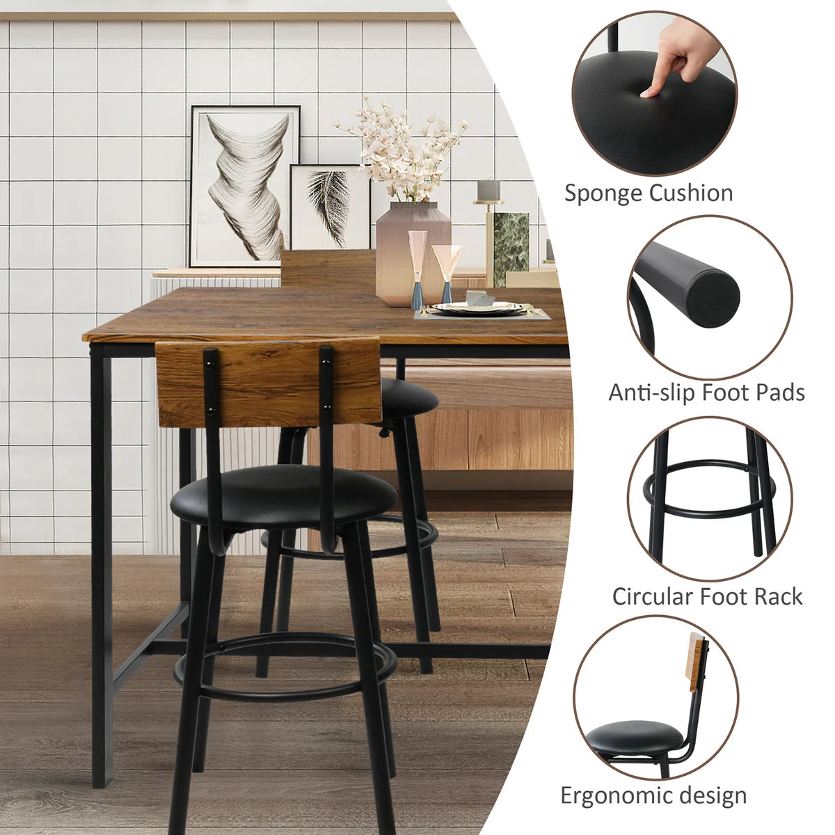 5 Piece Dining Bar Table Set, 1 Bar Table 47.3  for 4 with 4 Upholstered Bar Stools