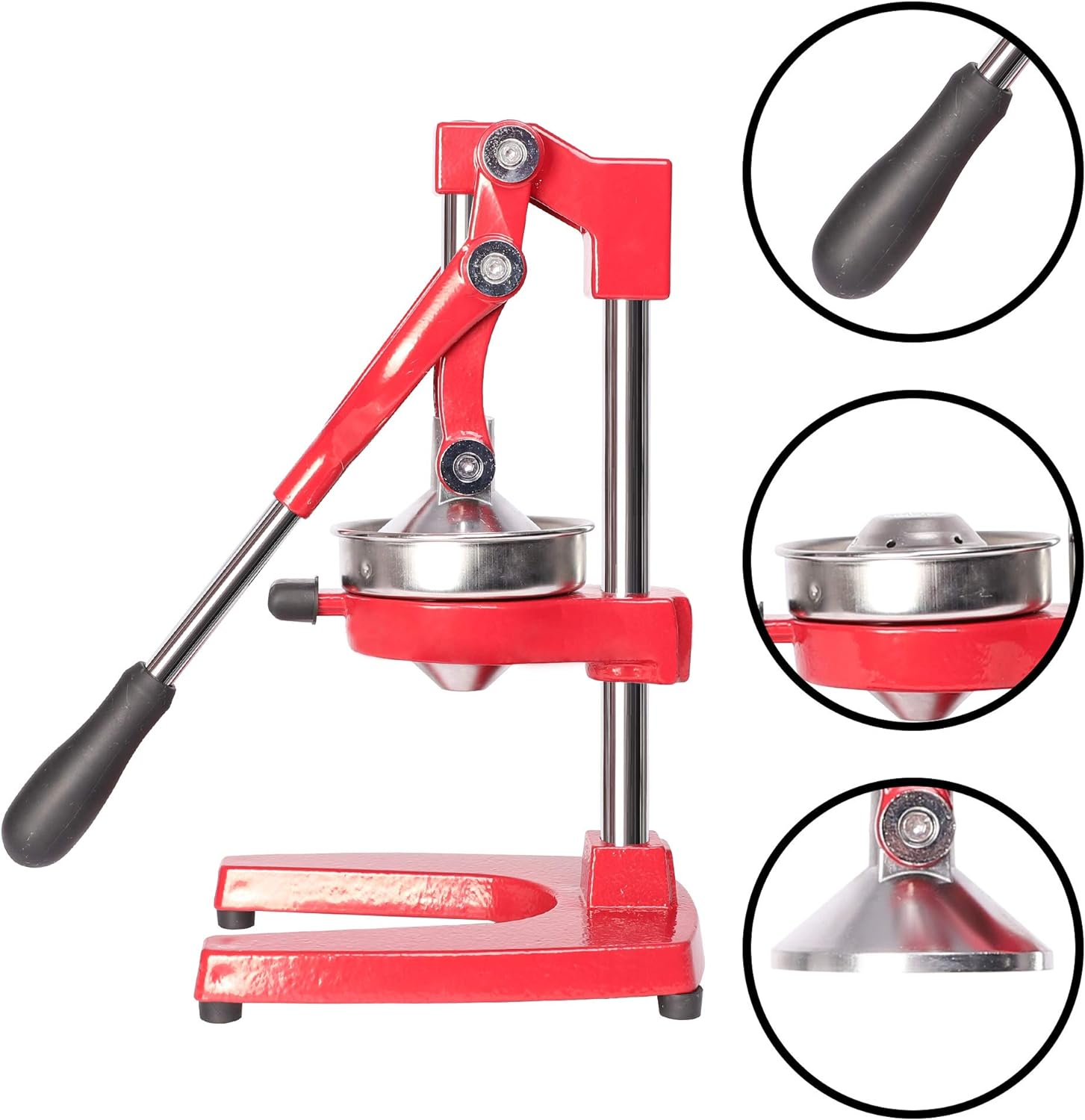 Manual Stainless Steel Citrus Juicer Squeezer with Cast Iron Base and Handle, Red